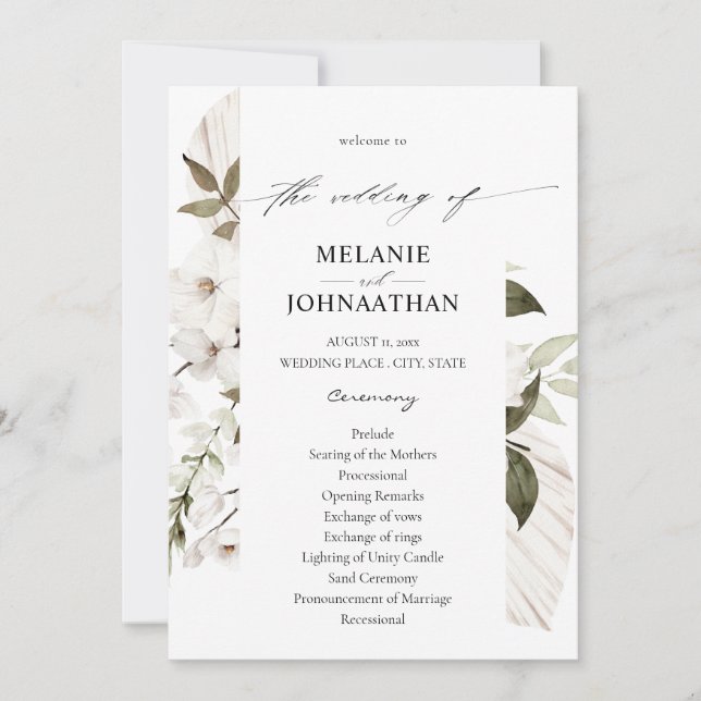 White Boho Floral Wedding Program Invitation (Front)