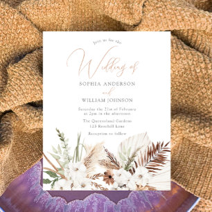 White Boho Flowers Budget Wedding Invitation