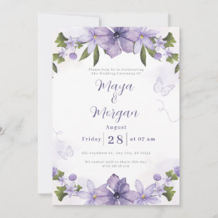 White Boho Flowers Purple Wedding Invitation
