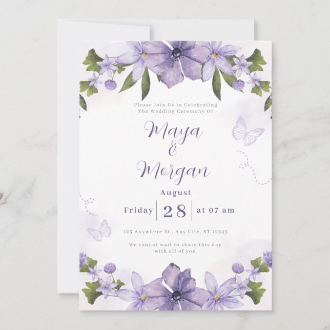 White Boho Flowers Purple Wedding Invitation (Front)