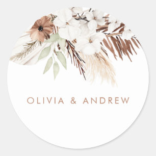 White Boho Flowers Sage Green Leaves Wedding Classic Round Sticker