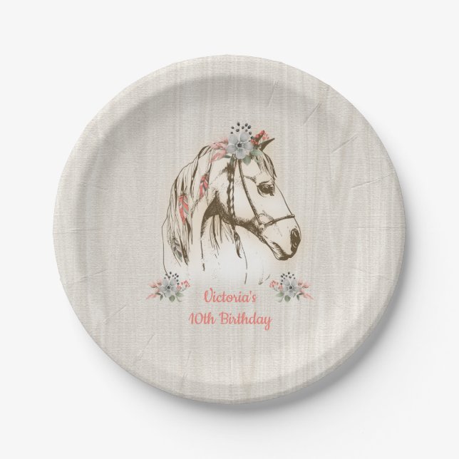 White boho Horse birthday party paper plates (Front)