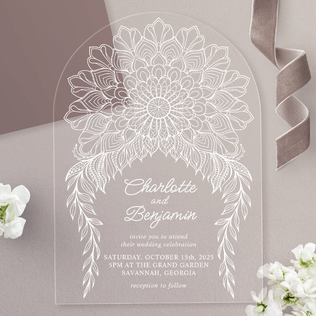 White Boho Mandala Leafy Vine Wedding Acrylic Invitations (Creator Uploaded)