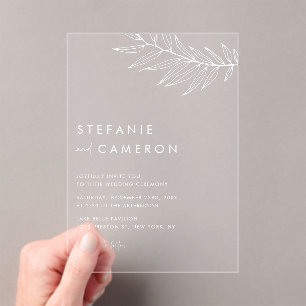 White Boho Minimalist Foliage Wedding Acrylic Invitations