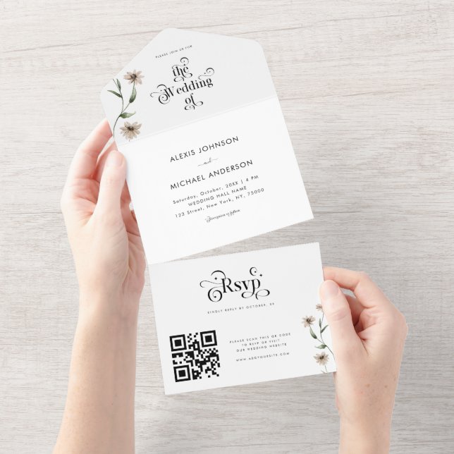 White Boho Retro Typography Wildflowers QR Code All In One Invitation (Tearaway)
