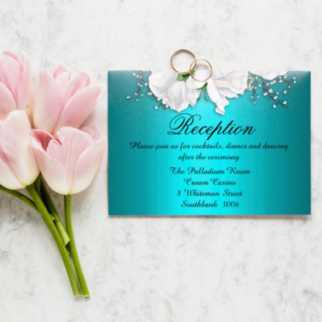 White Boho Roses Metallic Aqua Wedding Reception Enclosure Card (Creator Uploaded)