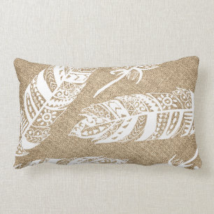 White Boho Tribal Feathers FAUX Burlap Lumbar Cushion