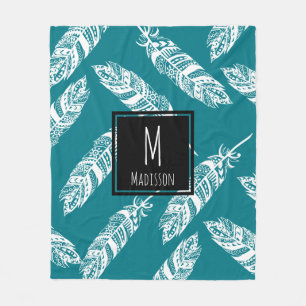 White Boho Tribal Feathers - Personalised Fleece Blanket