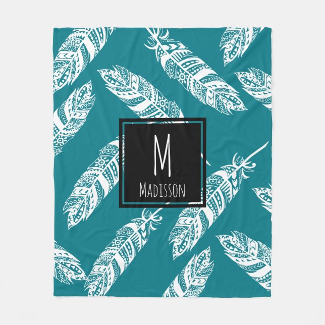 White Boho Tribal Feathers - Personalised Fleece Blanket (Front)