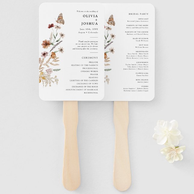 White Boho Wedding Program Hand Fan (White Boho FlorL Wedding Program Hand Fan with Butterfly by Painted Paperie
)