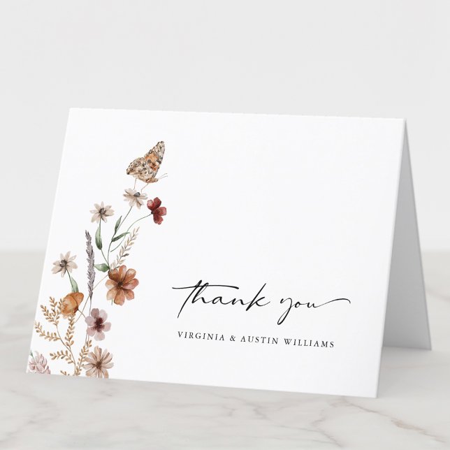 White Boho Wedding Thank You Card (White Boho Floral Wedding Thank You Card with Butterfly by Painted Paperie
)