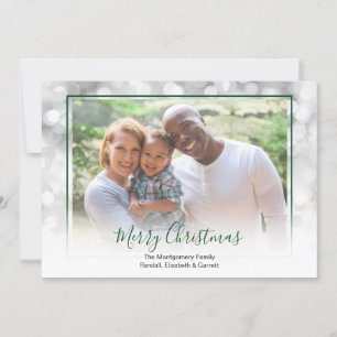 White Bokeh Green Framed Christmas Photo Holiday Card