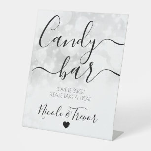 White Bokeh Personalised Wedding Candy Bar Pedestal Sign