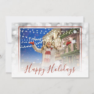 White Bokeh Red Frame Custom Happy Holidays Photo Holiday Card