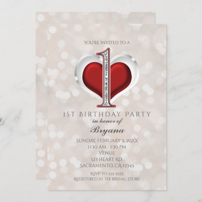 White Bokeh & Red Valentine Glam 1st Birthday Invitation (Front/Back)