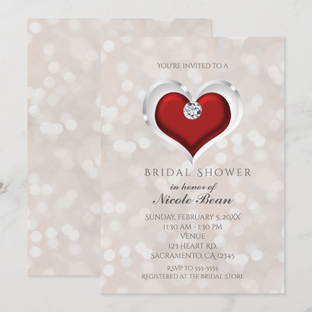 White Bokeh & Red Valentine Glam Bridal Shower Invitation (Front/Back)