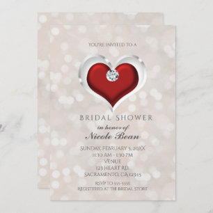 White Bokeh & Red Valentine Glam Bridal Shower Invitation