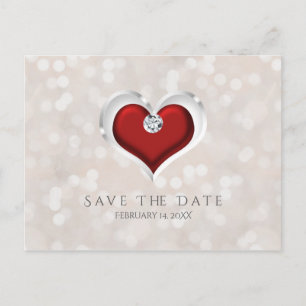 White Bokeh & Red Valentine Heart Save the Date Announcement Postcard