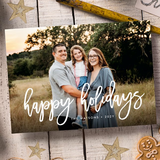 White Bold Brush Christmas Photo Happy Holiday Card (Creator Uploaded)