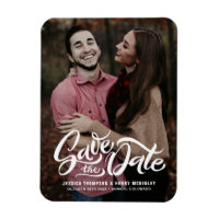 White Bold Script Photo Save the Date Magnet