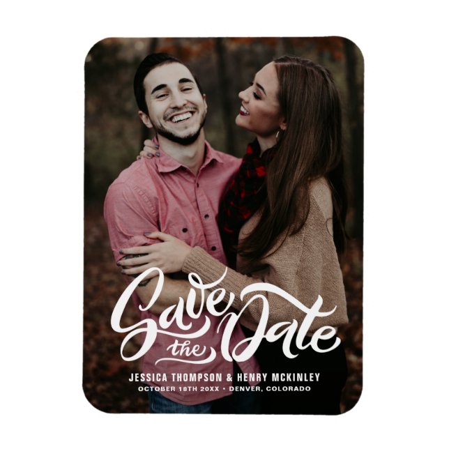 White Bold Script Photo Save the Date Magnet (Vertical)