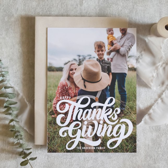 White Bold Script Typography Photo Thanksgiving Holiday Card (Creator Uploaded)