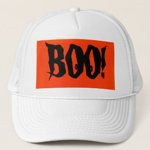 White BOO! Trucker Hat in Orange and Black design.