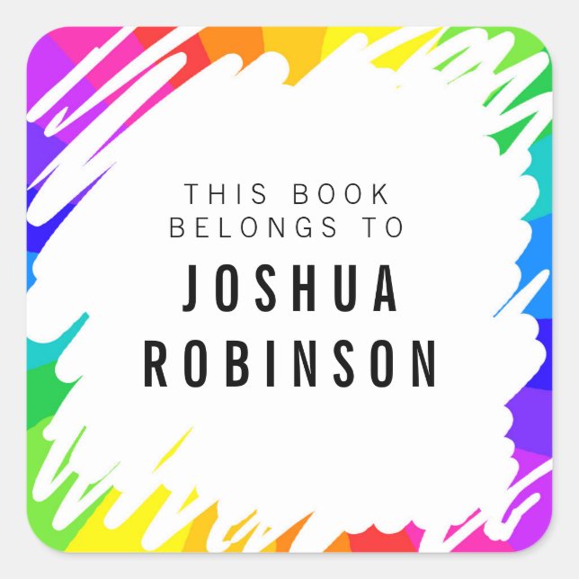 White bookplate rainbow scribble book sticker (Front)