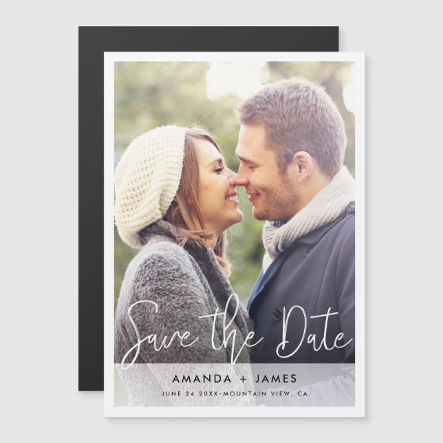 White Border Simple Modern Script Save the Date Magnetic Invitation (Front/Back)