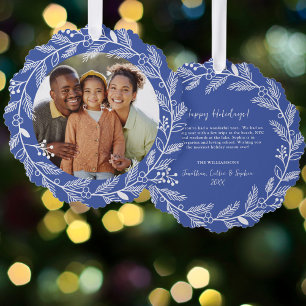 White Botanical Christmas Wreath Custom Photo Tree Decoration Card