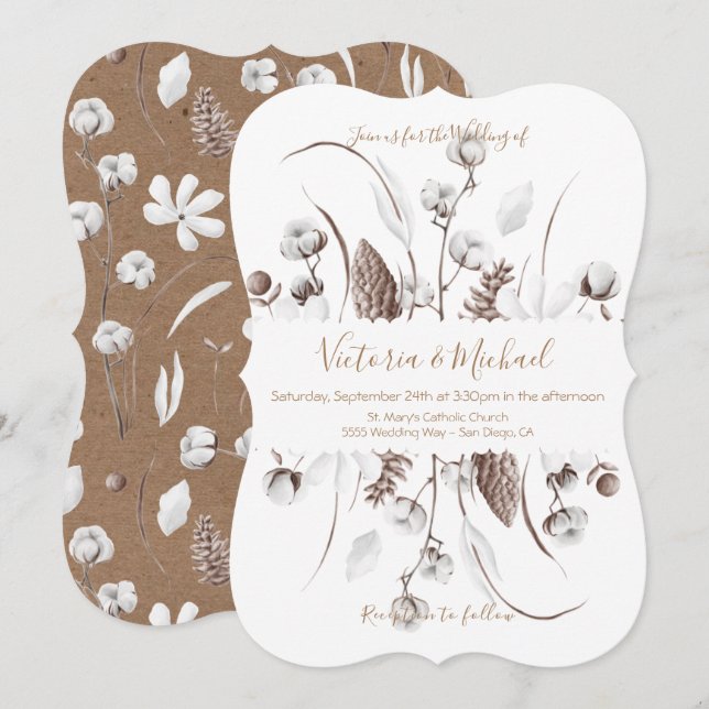White Botanical floral cotton  Wedding invitations (Front/Back)