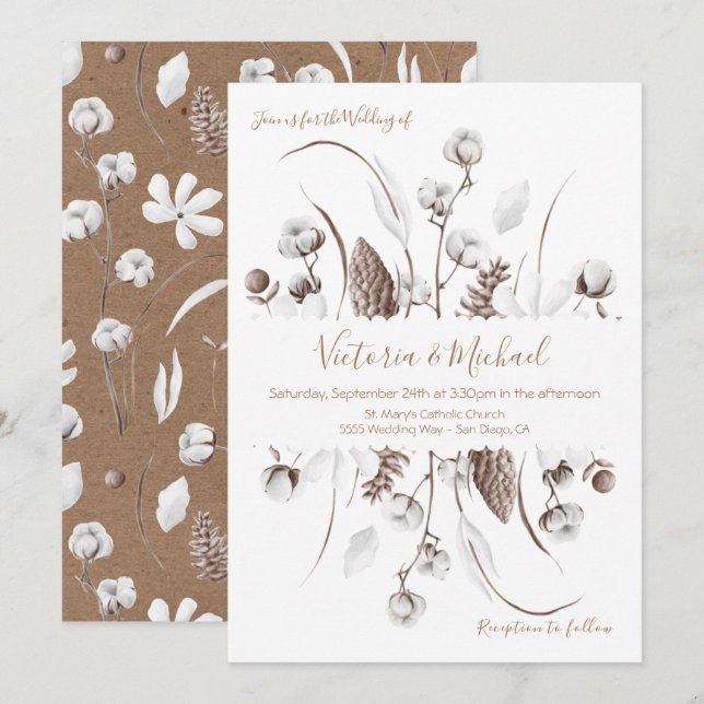 White Botanical floral cotton  Wedding invitations (Front/Back)