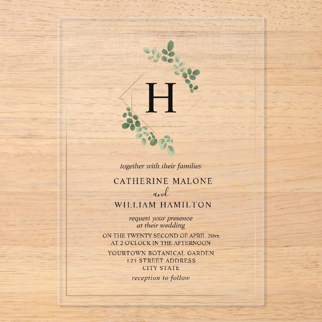 White Botanical Geometric Monogram Wedding  Acrylic Invitations (Front)