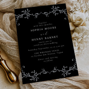White Botanical Line Art Elegant Black Wedding Invitation