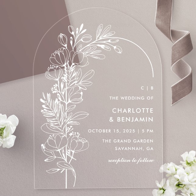 White Botanical Minimalist Arch Wedding Acrylic Invitations (Creator Uploaded)