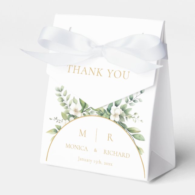White Botanical Monogram Wedding Favour Boxes (Front Side)