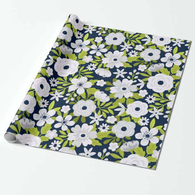 White Botanical Pattern Wrapping Paper (Unrolled)