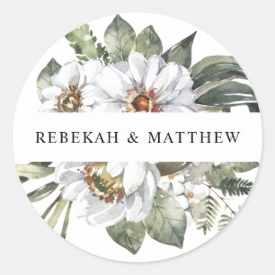 White Botanical Personalised Wedding Classic Round Sticker