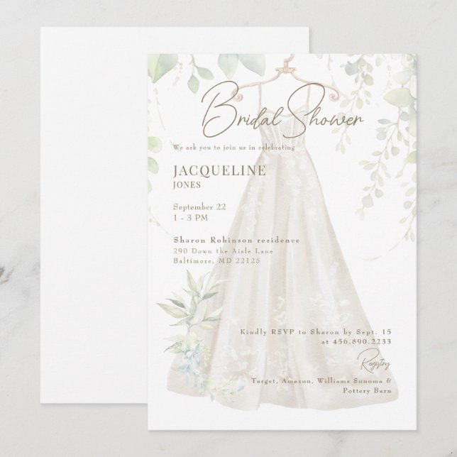 White  Botanical Wedding Dress Bridal Shower II Invitation (Front/Back)
