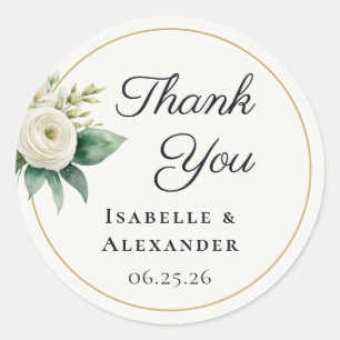 White Botanical Wedding Thank You Classic Round Sticker