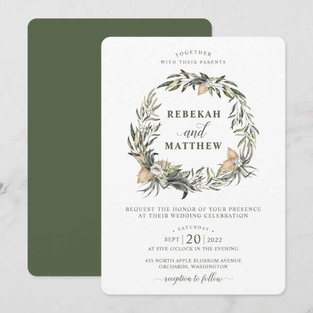 White Botanical Wreath | Wedding Invitation (Front/Back)