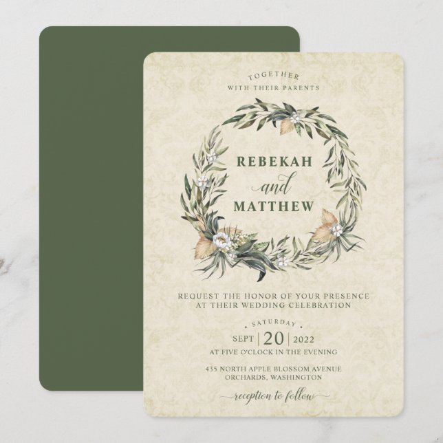 White Botanical Wreath | Wedding Invitation (Front/Back)