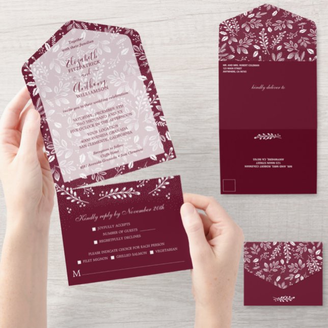 White Botanicals Burgundy No Envelopes Wedding All In One Invitation (Creator Uploaded)