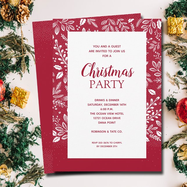 White Botanicals Cranberry Christmas Invitations (White botanicals border on cranberry Christmas invitations, PRINTED and/or INSTANT DOWNLOAD)