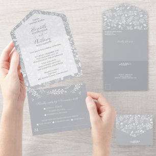 White Botanicals Grey No Envelopes Wedding All In One Invitation