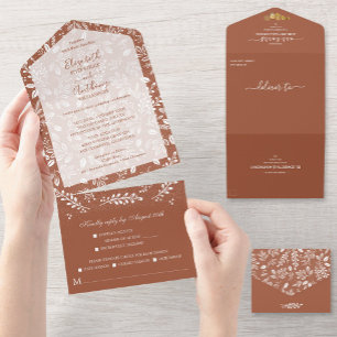 White Botanicals No Envelopes Terracotta Wedding All In One Invitation