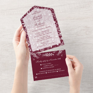 White Botanicals on Burgundy Wedding All In One Invitation