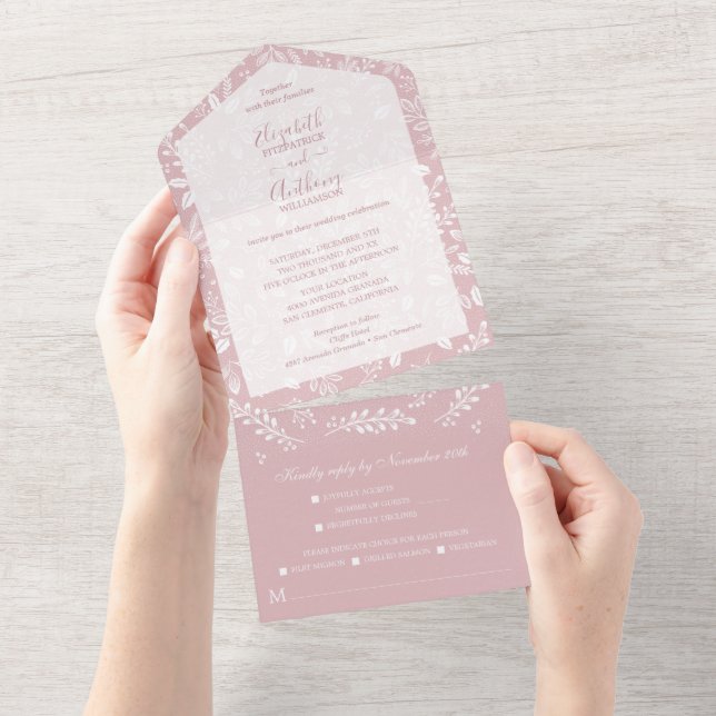 White Botanicals on Dusty Rose Wedding All In One Invitation (Tearaway)