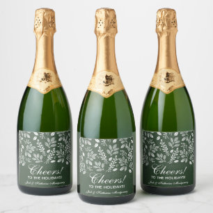 White Botanicals on Green Christmas Sparkling Wine Label