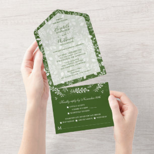 White Botanicals on Green Wedding All In One Invitation